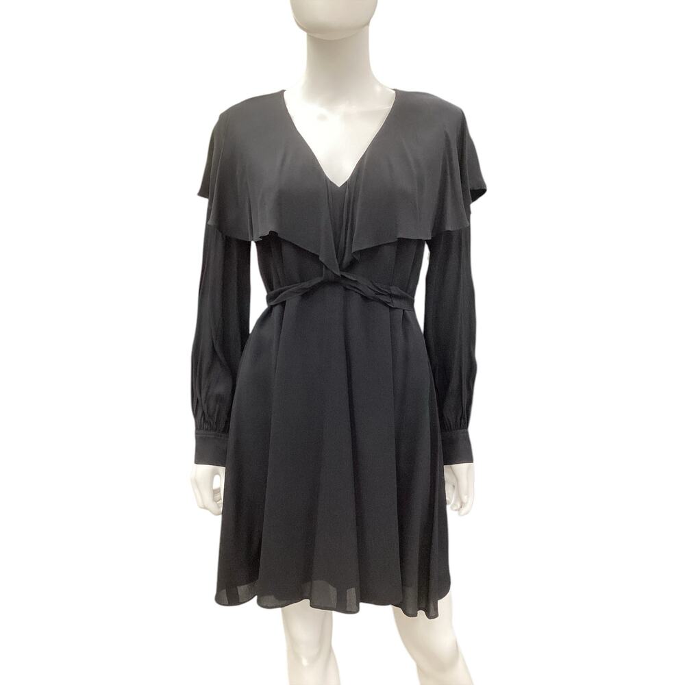 Marella Dress Women’s Size S Long Sheer Sleeves Ruffle V-Neck Belt Black